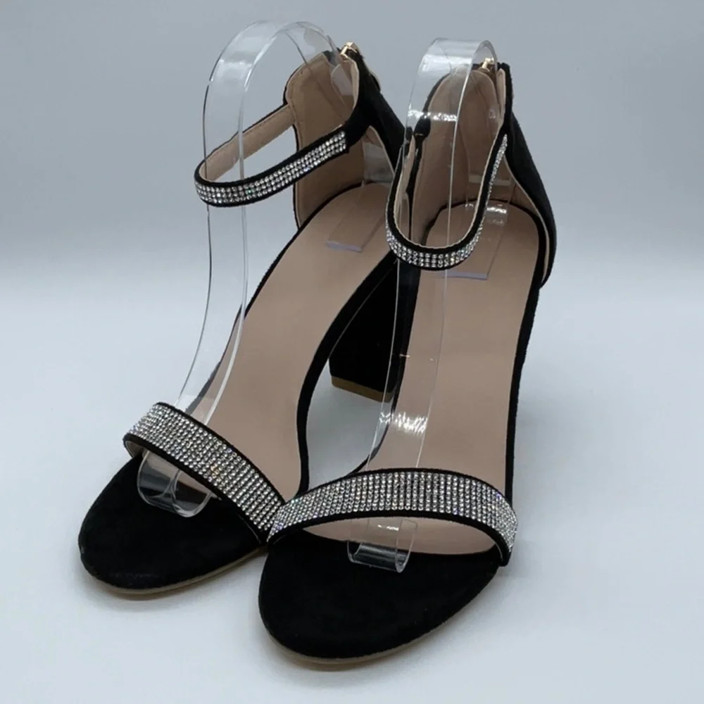 Black Faux suede heels with sparkle detail ankle strap back gold zipper closure